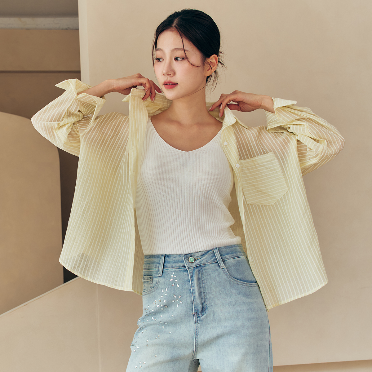 예뻐너 스마일 스트라이프 패턴 자켓 셔츠