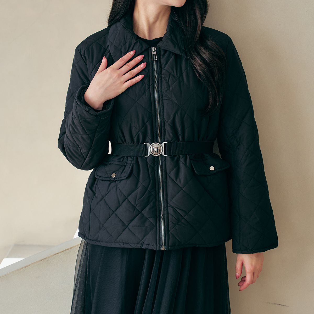 [예뻐너][벨트포함] 페이브 라운드 카라 패딩 점퍼