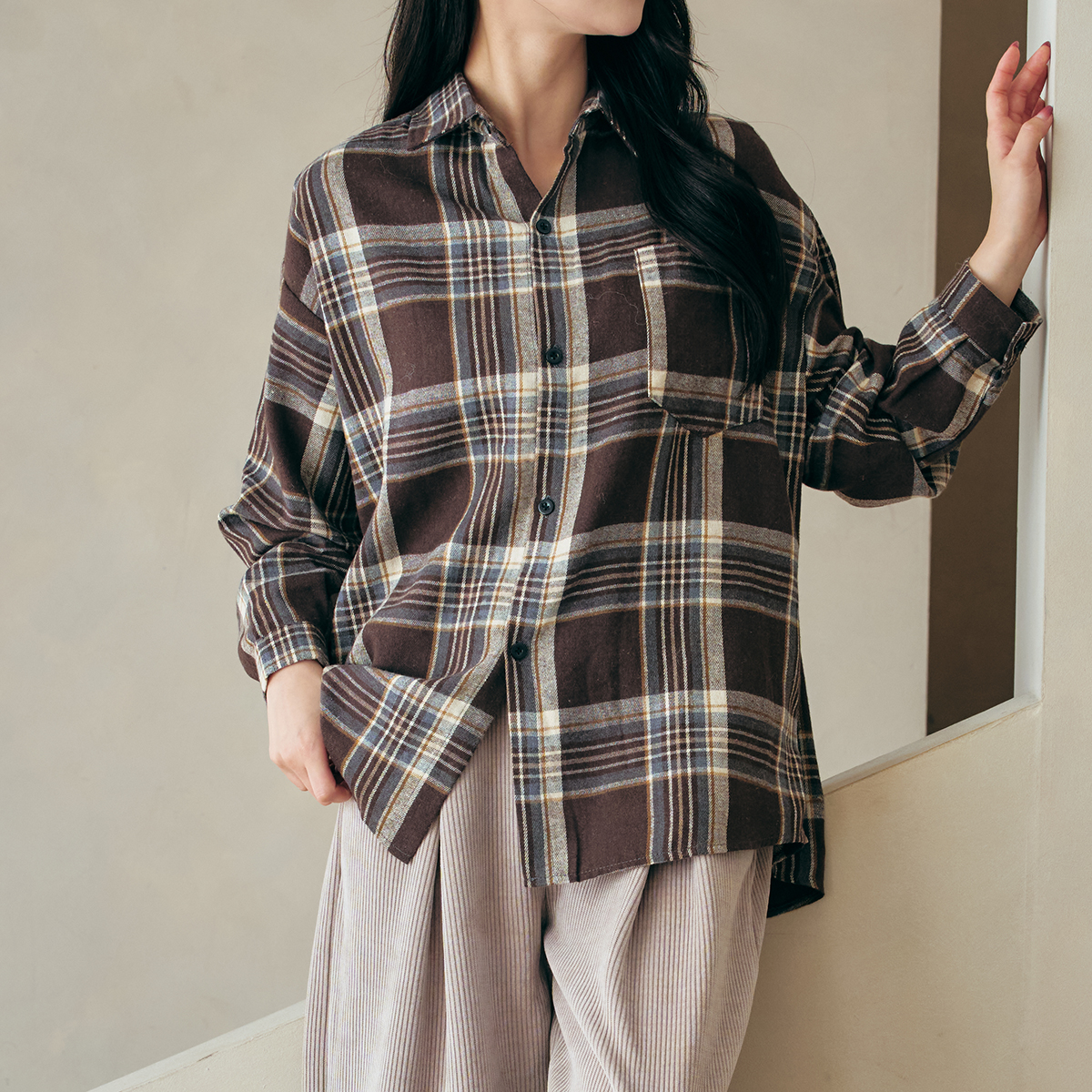 예뻐너 로트 컬러 배색 체크 블라우스 셔츠